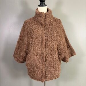 Sacred Threads Brown Shaggy Boucle Funnel‎ Neck Cardigan Poncho OS Boho Textured